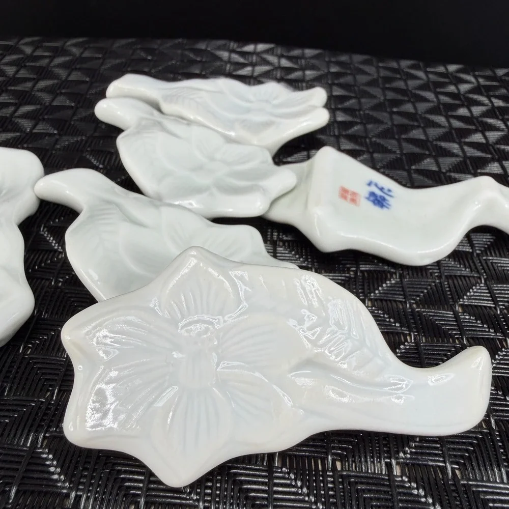 Vintage White Porcelain Floral Chopstick Rests Set of 6 Embossed Flower Leaf VTG